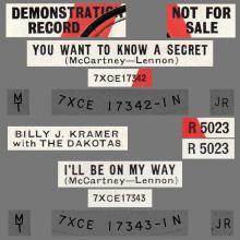 BILLY J. KRAMER WITH THE DAKOTAS - DO YOU WANT TO KNOW A SECRET ⁄ I'LL BE ON MY WAY - R 5023 - UK - PROMO - pic 1