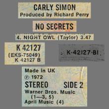 1972 11 28 CARLY SIMON - NO SECRETS - NIGHT OWL - WEA - ELECTRA - K 42127 - UK - pic 1