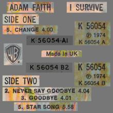 1974 09 02 ADAM FAITH - I SURVIVE - WARNER BROS. RECORDS - K 56054 - UK - pic 1