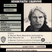 1974 09 02 ADAM FAITH - I SURVIVE - WARNER BROS. RECORDS - K 56054 - UK - pic 1