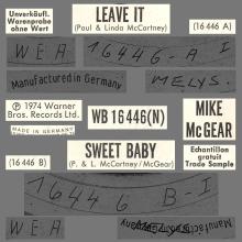 1974 09 13 - MIKE McGEAR - LEAVE IT ⁄ SWEET BABY - GERMANY - WARNER BROS - WB 16 446(N) - PROMO - pic 1