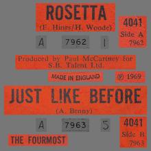 THE FOURMOST - ROSETTA ⁄ JUST LIKE BEFORE - CBS - 4041 - UK - pic 1