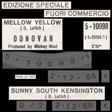 DONOVAN - MELLOW YELLOW - ITALY -1966 10 24 - EPIC - 5-10098 - JUKE-BOX - pic 1