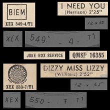 ITALY 1965 10 12 - QMSP 16385 - I NEED YOU ⁄ DIZZY MISS LIZZY - LABEL A 3 - JUKE BOX SERVICE - pic 1