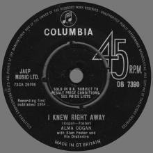 ALMA COGAN - I KNEW RIGHT AWAY - UK - DB 7390 - 1964 10 30 - pic 1
