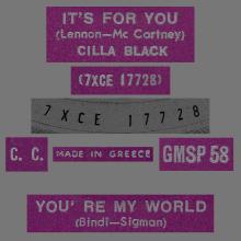 CILLA BLACK - IT'S FOR YOU - GREECE - GMSP 58 - pic 1