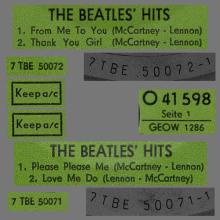 GERMANY 1963 10 OO - THE BEATLES HITS - SLEEVE 1 - ELECTROLA 7 LINES - O 41 598 - GEOW 1286 - pic 1