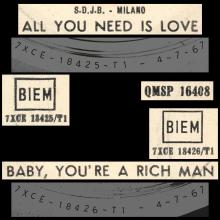 ITALY 1967 07 04 - QMSP 16406 - ALL YOU NEED IS LOVE ⁄BABY, YOU'RE A RICH MAN - LABEL A 2 - S.D.J.B.  - pic 1