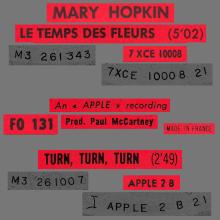MARY HOPKIN - 1968 08 31 - THOSE WERE THE DAYS ⁄ TURN, TURN, TURN - FRANCE - APPLE 2 - ODEON - 2 - FO 131 - LE TEMPS DES FLEURS - pic 1