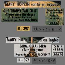 MARY HOPKIN - 1968 08 31 - THOSE WERE THE DAYS ⁄ TURN, TURN, TURN - SPAIN - APPLE - H-397 - pic 1