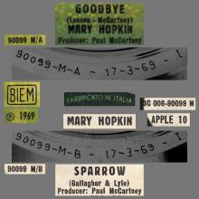 MARY HOPKIN - 1969 03 17 - GOODBYE ⁄ SPARROW - APPLE 10 - ITALY - 3C 006-90099 M - pic 1