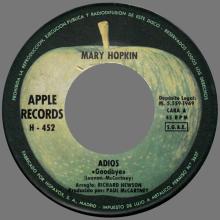 MARY HOPKIN - 1969 03 28 - GOODBYE ⁄ SPARROW - APPLE 10 - SPAIN - H-452 - ADIOS ⁄ GORRION  - pic 1
