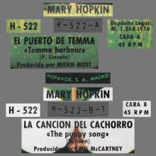 MARY HOPKIN - 1970 01 29 - TEMMA HARBOUR ⁄ THE PUPPY SONG - EL PUERTO DE TEMMA ⁄ LA CANCION DEL CACHORRO - H 522 - SPAIN - pic 1