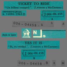 SPAIN 1965 06 10 - TICKET TO RIDE ⁄ YES IT IS - SLEEVE 09 LABEL 2 - 1976 05 01 - 1 J 006-04.458  - pic 1