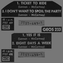 SWEDEN 1965 04 21 - GEOS 233 - 2 - TICKET TO RIDE - pic 1