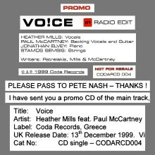 UK 1999 12 13 - VO!CE - HEATHER MILLS FEAT. PAUL McCARTNEY - CODARCD 004 - PROMO CDR - pic 4