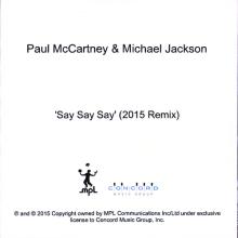 UK 2015 12 16 -  PAUL McCARTNEY & MICHAEL JACKSON - SAY SAY SAY - CDR 1 TRACK PROMO - pic 1