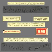 1989 11 13 PAUL McCARTNEY OU EST LE SOLEIL ? - MAXI GINGLE 45 RPM - 052 20 3413 6 - 3 TRACKS 12 INCH - SPAIN - pic 3