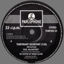 2003 00 00 PAUL McCARTNEY - TEMPORARY SECRETARY - RE-EDITED BY RADIO SLAVE -TEMPSEC 01 - 12 INCH ORIGINAL PROMO - EU - pic 2